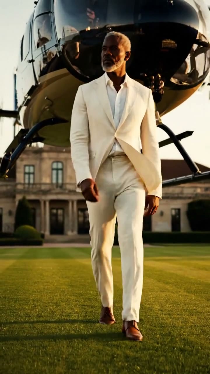 A gentleman arriving at a grand estate at golden hour