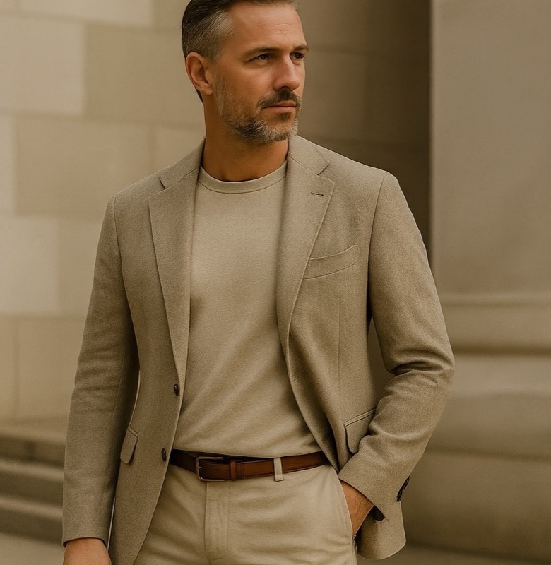 A gentleman in a refined cream jacket, understated and immaculate