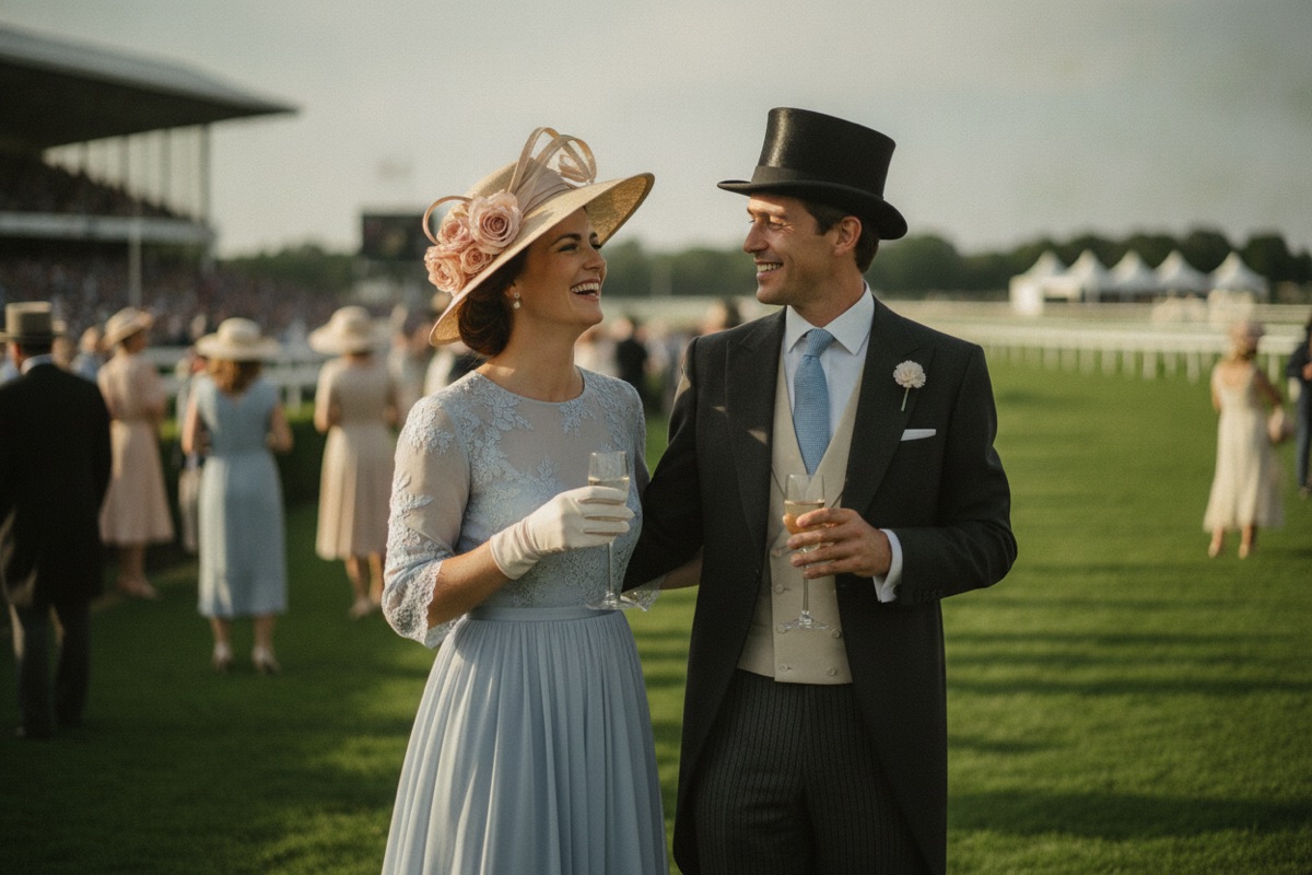 An elegant couple at Ladies' Day, the woman in a wide hat