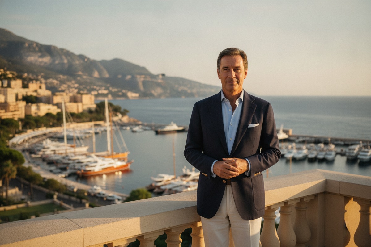 A gentleman on a terrace above the Monte Carlo harbour