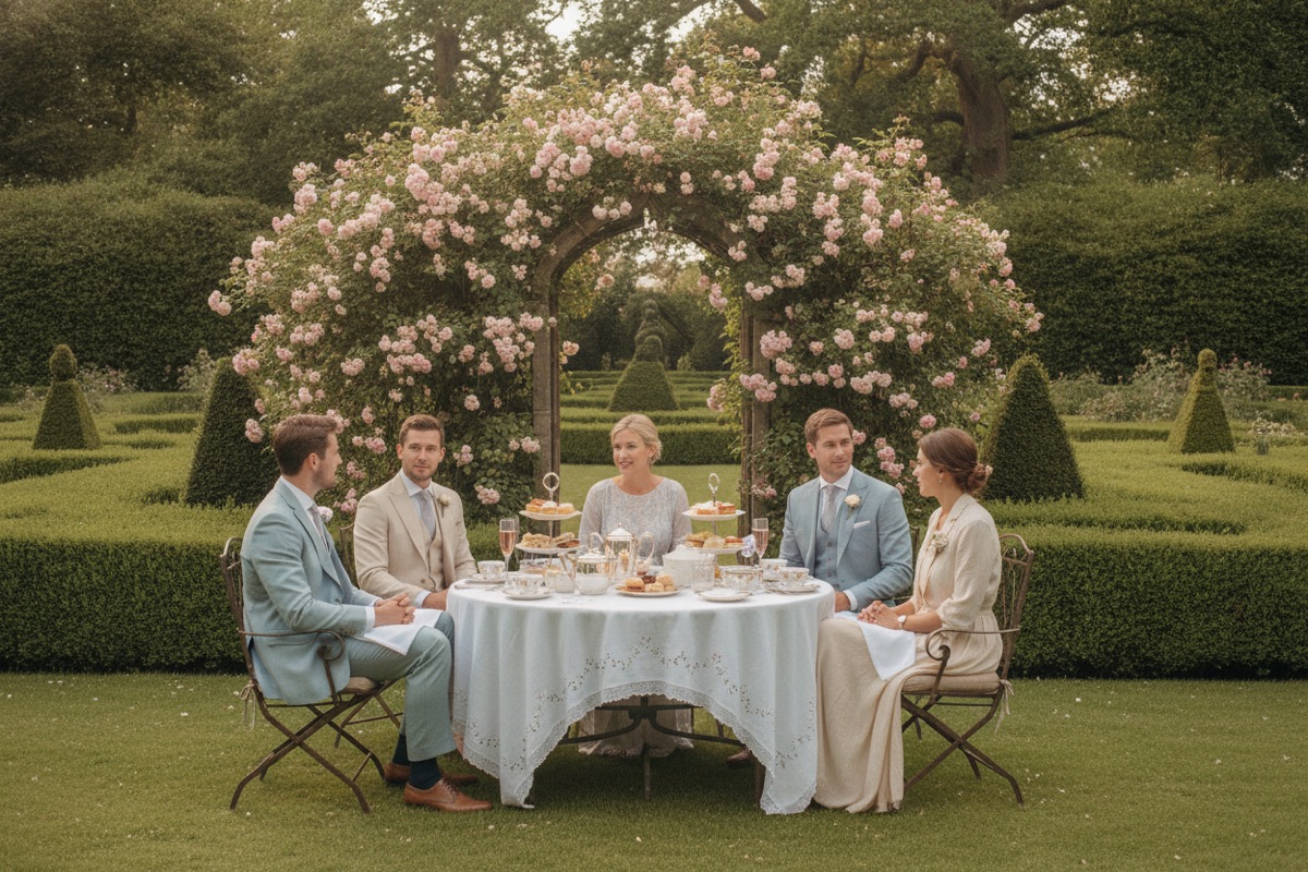 An elegant English garden afternoon tea party