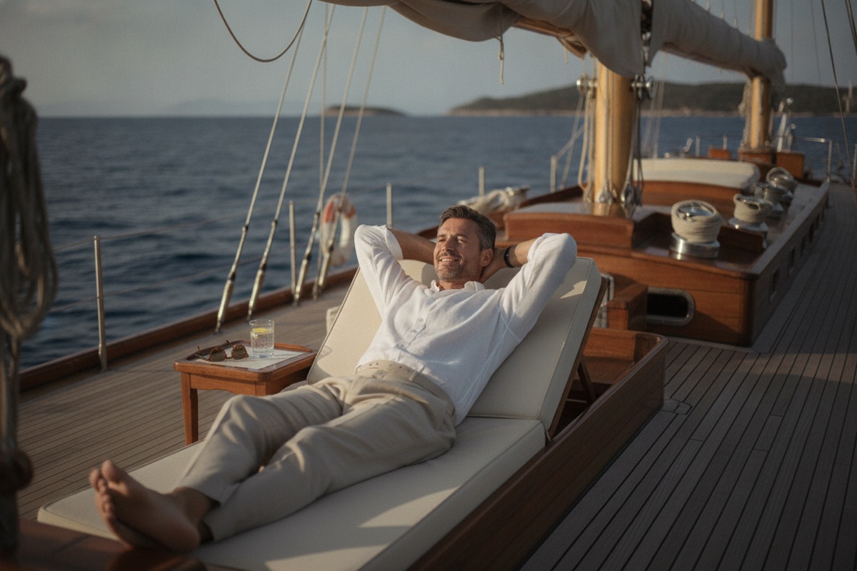 A gentleman relaxing on the deck of a classic sailing yacht
