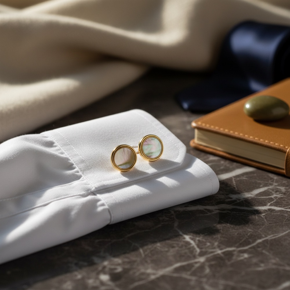 Gold and mother-of-pearl cufflinks on a white shirt cuff