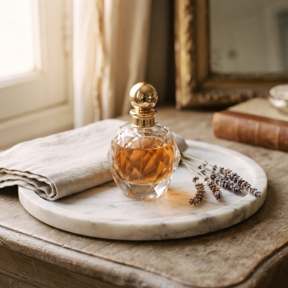 A faceted glass flacon of amber fragrance on a marble tray