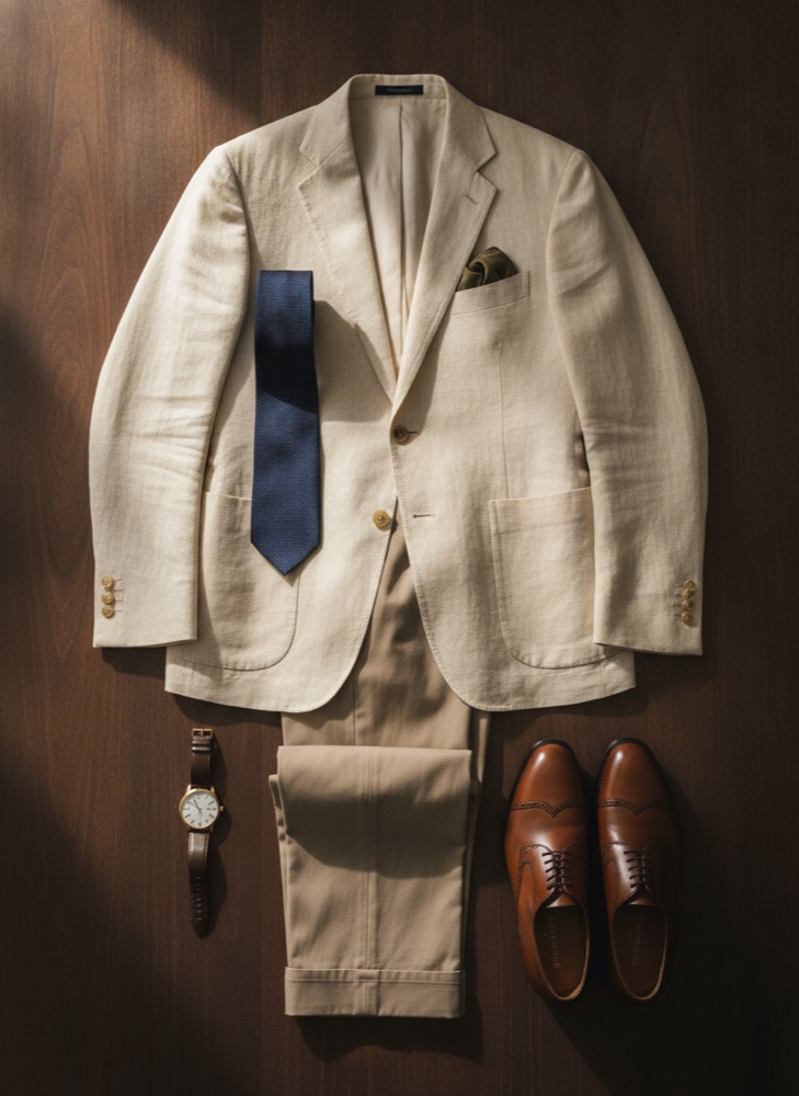 A complete old-money outfit: cream blazer, navy tie, tailored trousers and brown oxford shoes