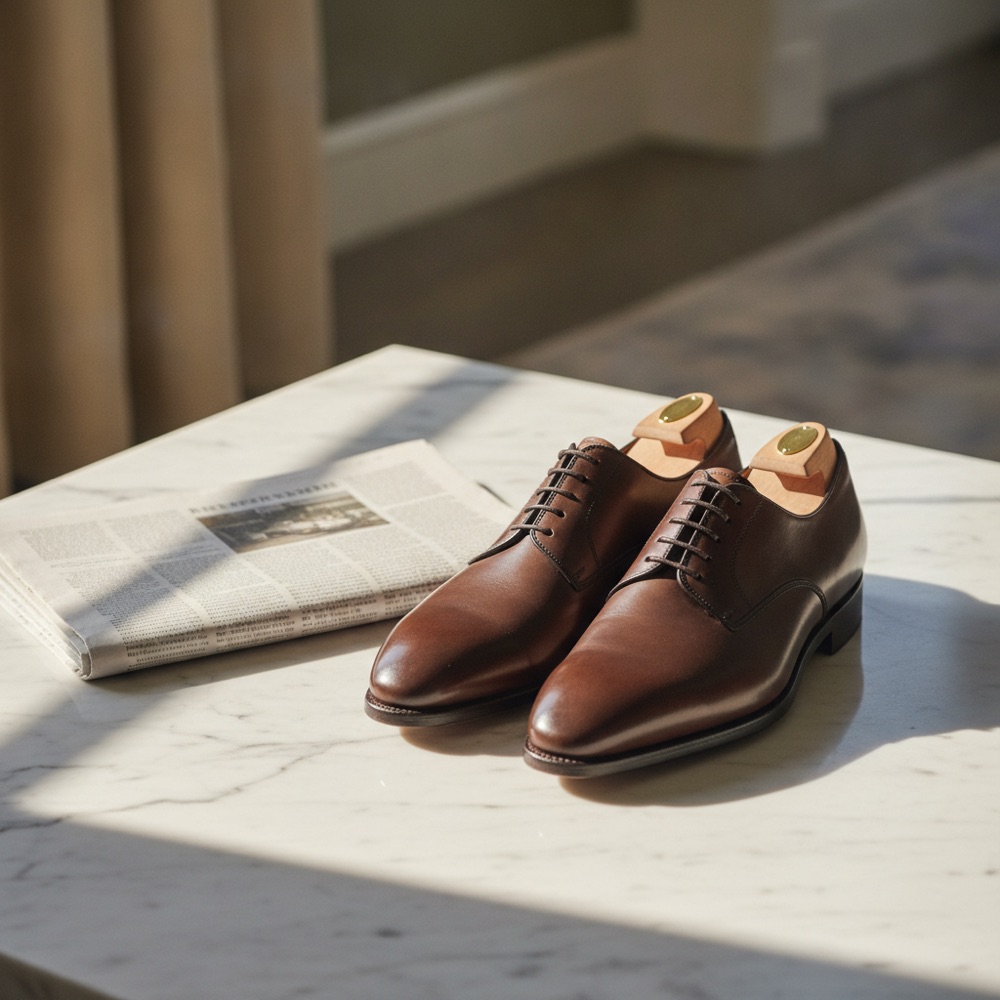 Hand-polished brown leather oxford shoes with shoe trees