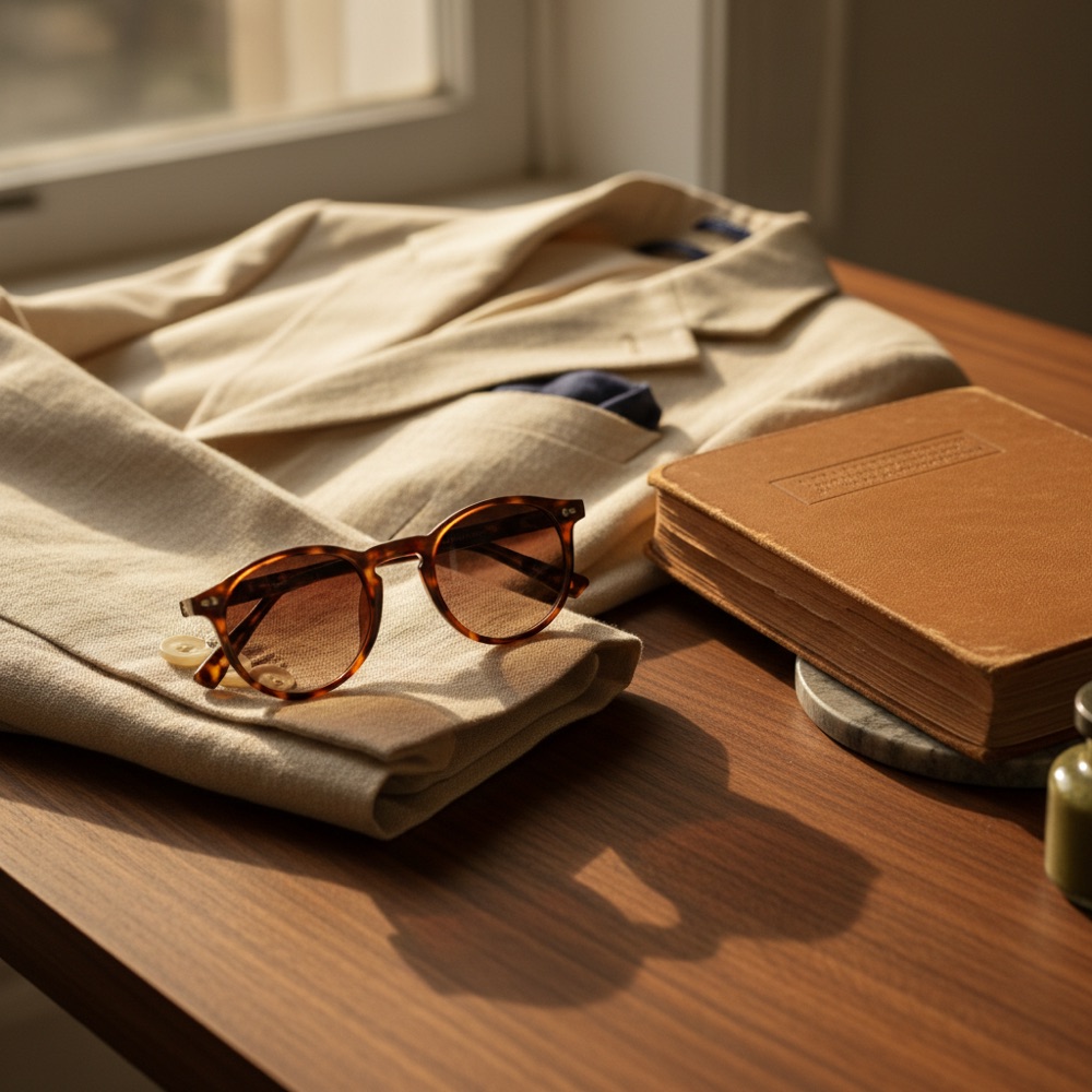 Classic tortoiseshell sunglasses on a cream linen jacket
