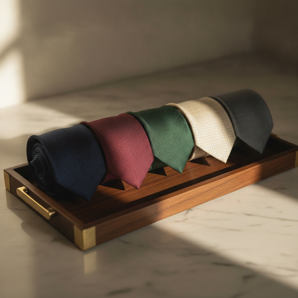 A collection of rolled silk ties in navy, burgundy and green
