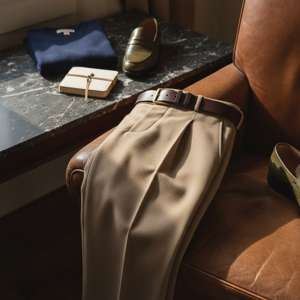 Impeccably tailored beige trousers with a leather belt