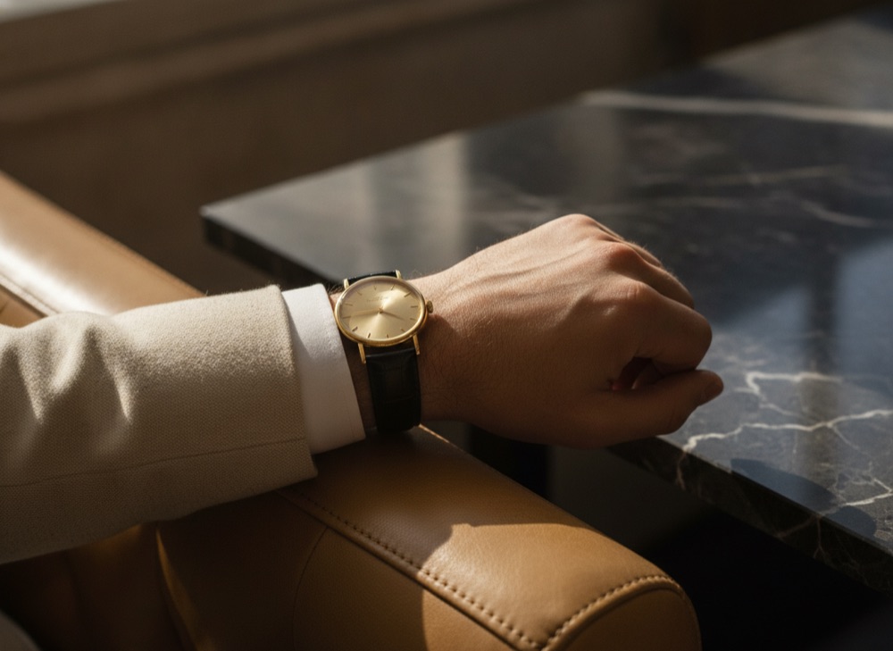 A classic gold dress watch on the wrist, emerging from a cream jacket cuff